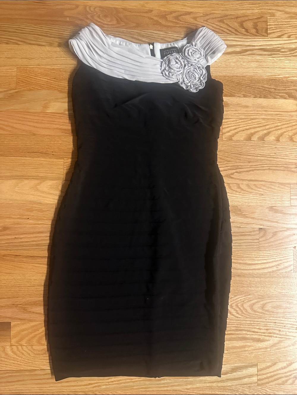 Adrianna Papell Black Sheath Dress with White Pleated Collar and Rosette